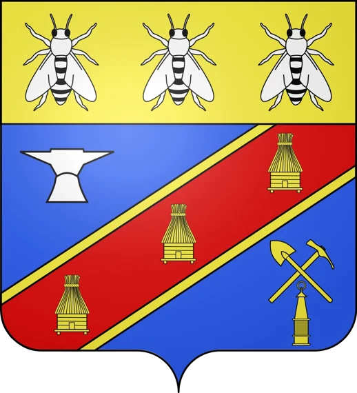 Blason de Bessèges : trois abeilles sur fond d'or, une bande rouge bordée d'or chargée de trois ruches, une enclume, la pelle, le pic et la lampe du mineur sur fond bleu